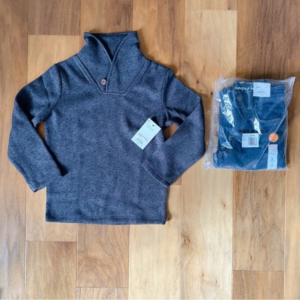 Brand New Boys Button Collar Fleece Gray Sweater & Jeans, Size 5, NWT